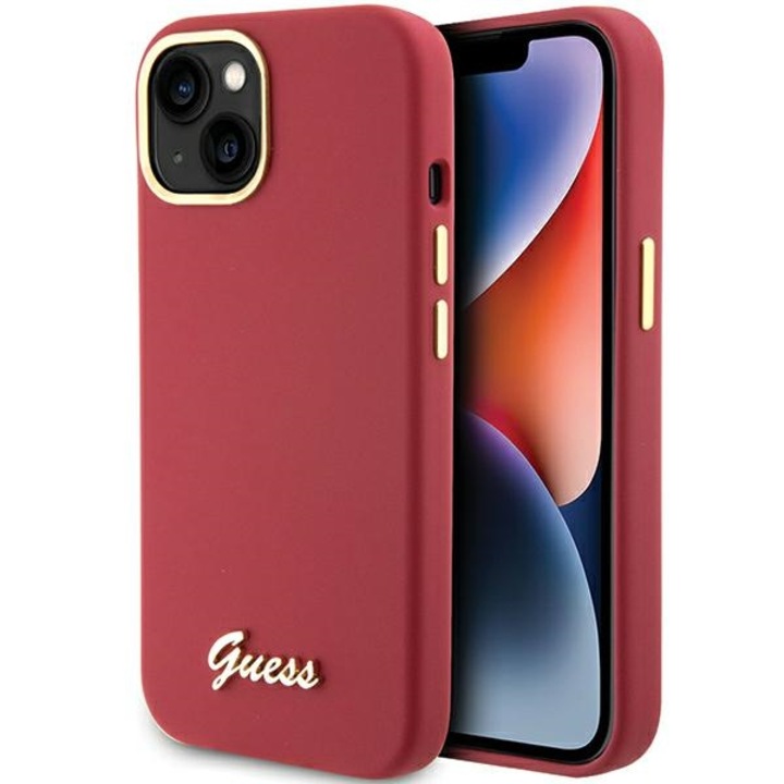 Guess GUHCP15SSMBSLM iPhone 15 / 14 / 13 6.1" магента твърд калъф силиконов надпис с метално лого и рамка