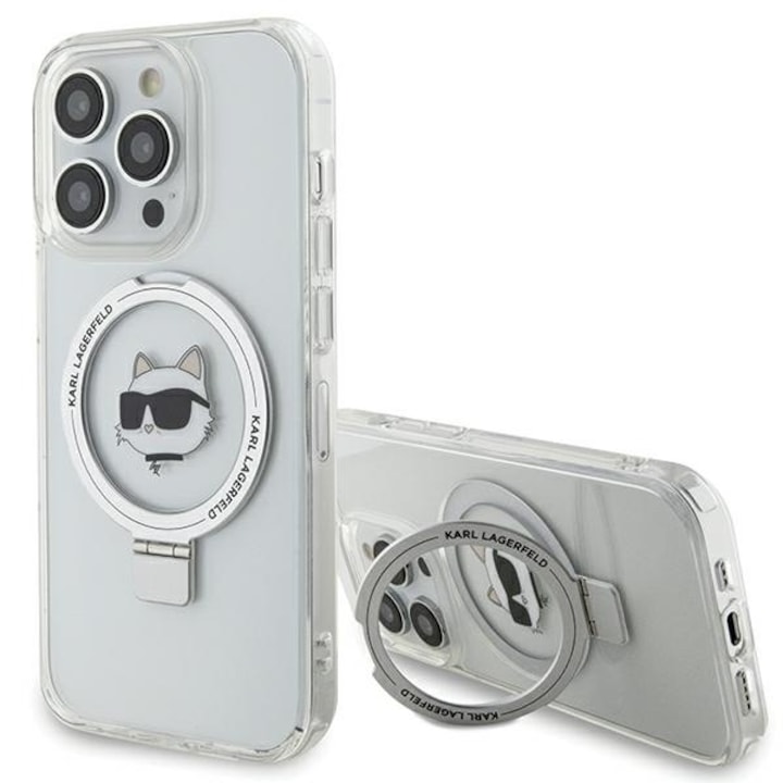 Tok iPhone 15 Pro készülékhez – Karl Lagerfeld MagSafe keménytokos gyűrűs állvány (KLHMP15LHMRSCHH) – Fehér Choupette fej