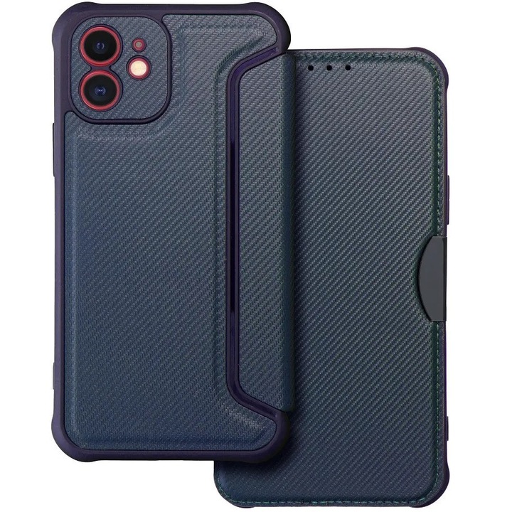 Toc de tip carte, compatibil cu Samsung Galaxy S24 Ultra SM-S928, cu deschidere laterală, colțuri cu pernă de aer, aspect de piele, model carbon, Razor Book, albastru