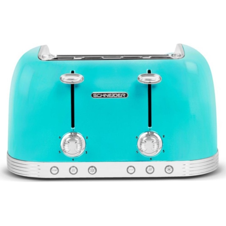 Тостер Retro Schneider, Feeling's Collection, 4 филийки, 6 нива на мощност, функция за отмяна, автоматично спиране, функция за размразяване, функция за центриране, тава за трохи, неплъзгащи се крачета, носталгичен дизайн, тюркоаз