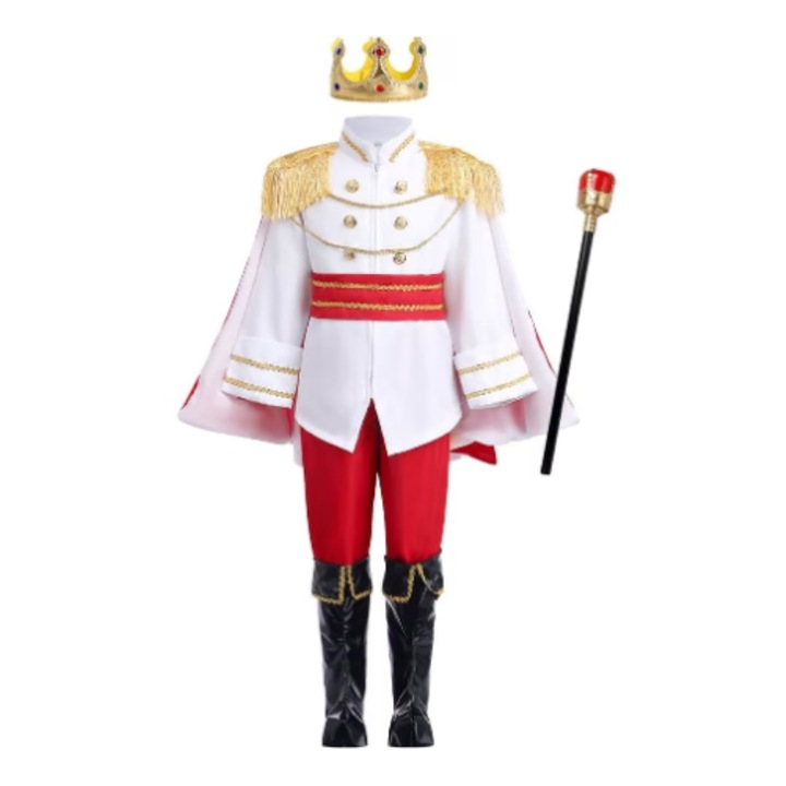 Costum carnaval copii Print cu pelerina, coroana, sceptru, acoperitoare incaltaminte gen cizme, ANUTETOUNI®, rosu, 5-6 ani