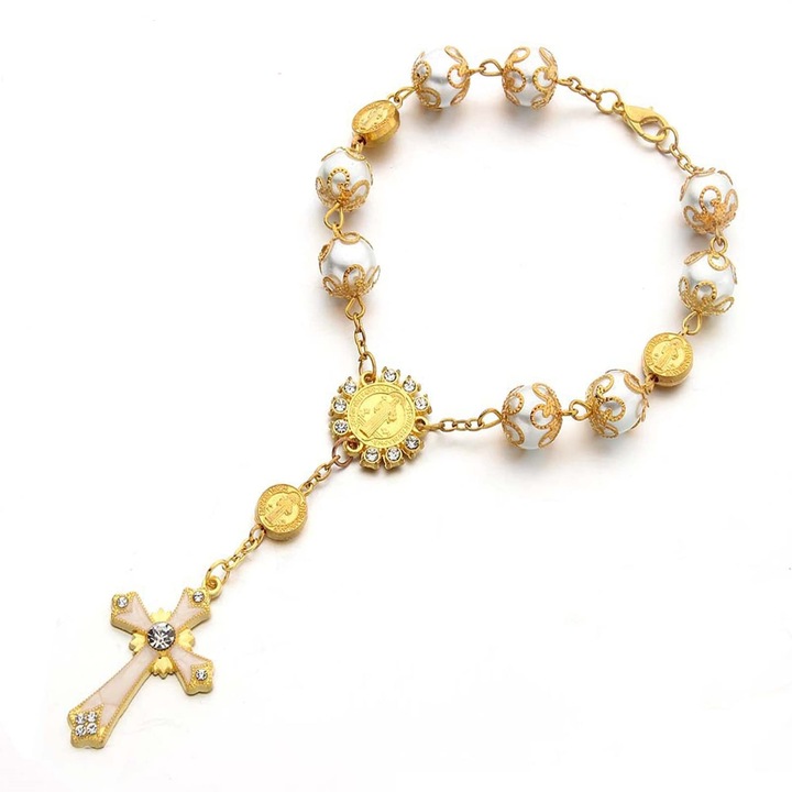 PEEIK Bratara Cruce Catolica reglabila, Bratara cu margele catolice, pentru zile de nastere, confirmari, impartasiuni, botezuri, petreceri, aur