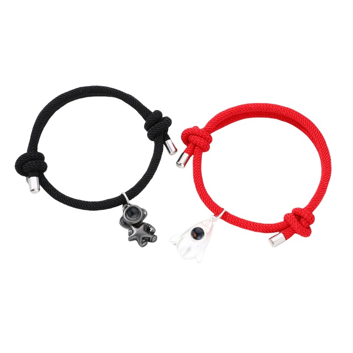 Set bratari cuplu, tip sfoara, model spaceman, reglabile, unisex, neagra si alba, PEEIK