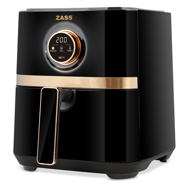 Friteuza cu aer cald ZASS ZAF 20 Rose Gold, Capacitate de 5l, 8 programe presetate, Vas cu tava detasabila, Antiaderenta, 1450W, Negru