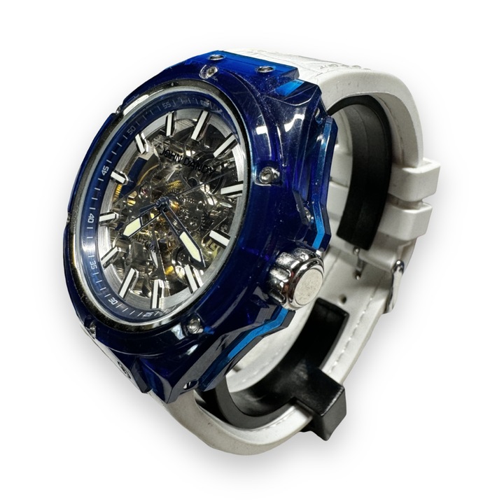 Ceas Automatic John Dandy “Estate” Carcasa Transparenta Albastra si Curea Alba