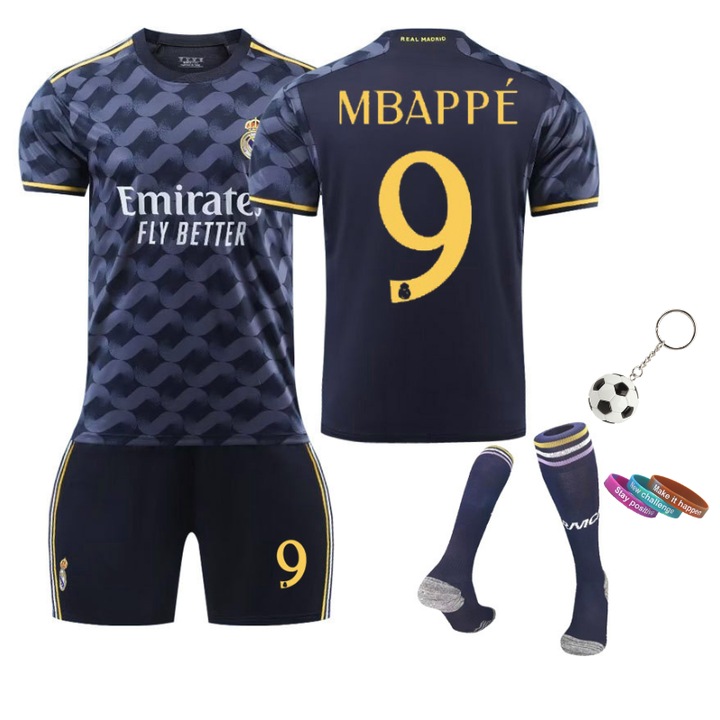 Детски спортен екип No.9 Mbappe Away, MzcrJosv ®, Real Madrid, Сезон 23/24, 3 гривни, Ключодържател, Чорапи включени, Черен