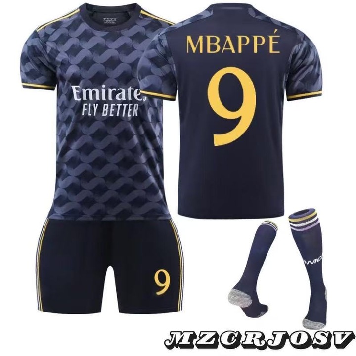 Echipament sportiv copii, Nr.9 Mbappe Deplasare, MzcrJosv ®, 3 bratari, Breloc, Sosete incluse, Negru, Negru