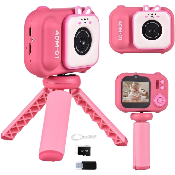 Camera Foto-Video Digitala Pentru Copii, MOSMAOO®, Trepied, Ecran 2.4 Inch, Card SD 32Gb inclus, Baterie 600 mAh, 48 MP, 1080p, Roz