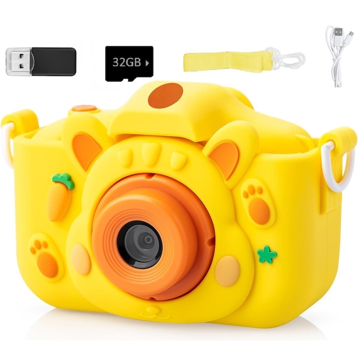 Детска камера, 32GB SD карта 1080P HD, 32 милиона пиксела, 2,0 инча, 400mAh, с четец на карти, развълнуван, 3 години+, жълт
