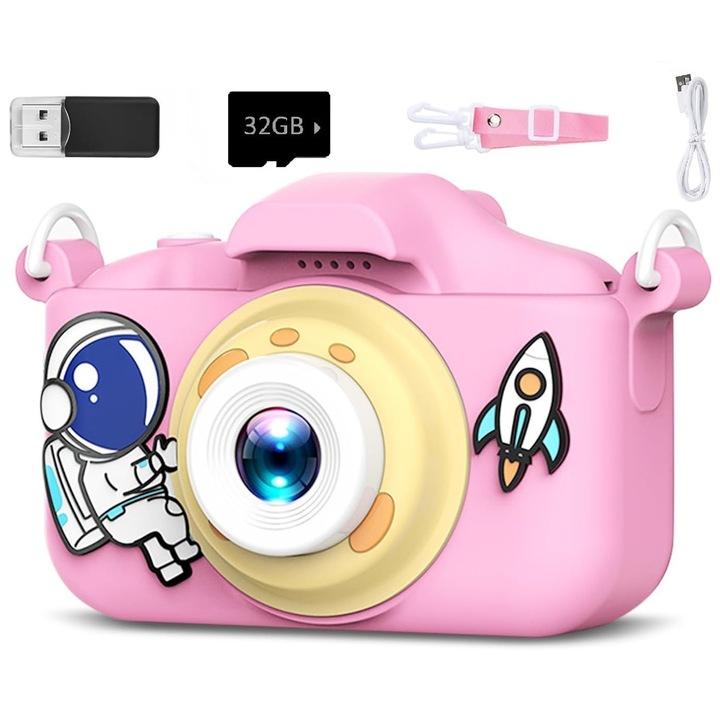 Детска камера, 32GB SD карта 1080P HD, 30 милиона пиксела, 2,0 инча, 600mAh, с четец на карти, развълнуван, 3 години+, розов