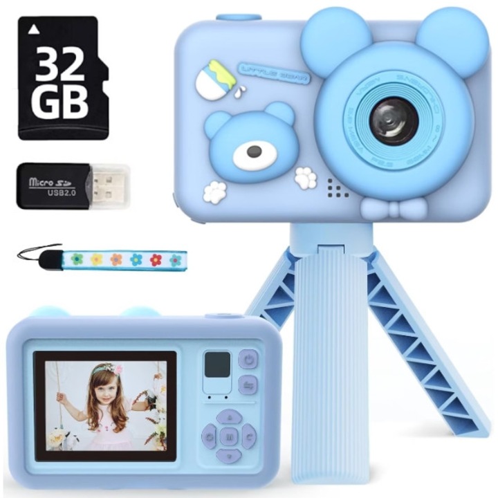 Gyerekkamera, állvánnyal, 32 GB SD kártya 1080P HD, 26 millió pixel, 2,0 hüvelykes, 400 mAh, Excitat, 3 év+, kék