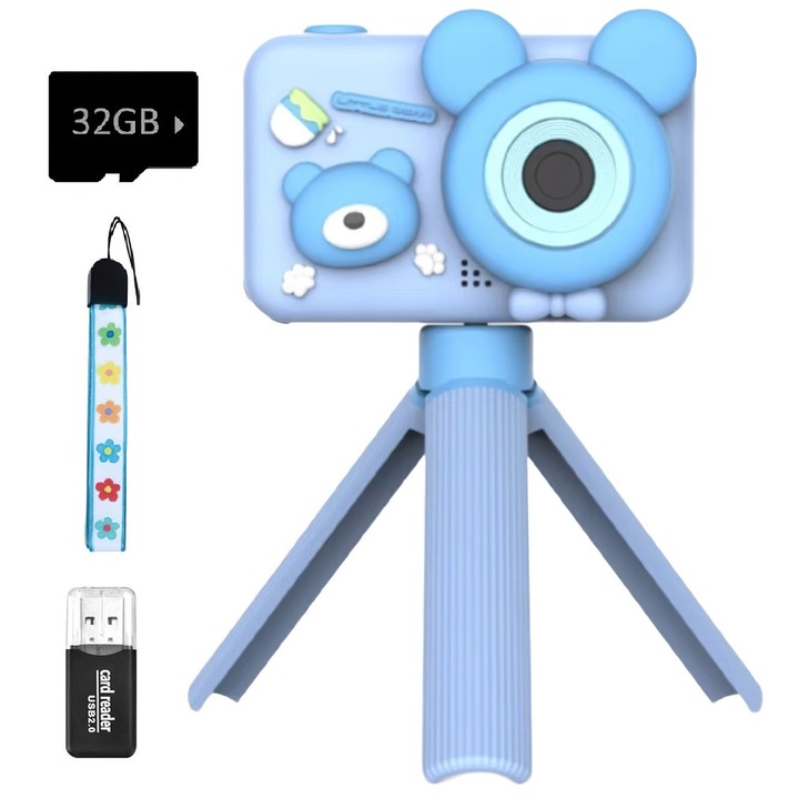 Детска камера, със статив, 32 GB SD карта, 1080P HD, 26 милиона пиксела, 2,0 инча, 400 mAh, Excitat, 3 години+, син