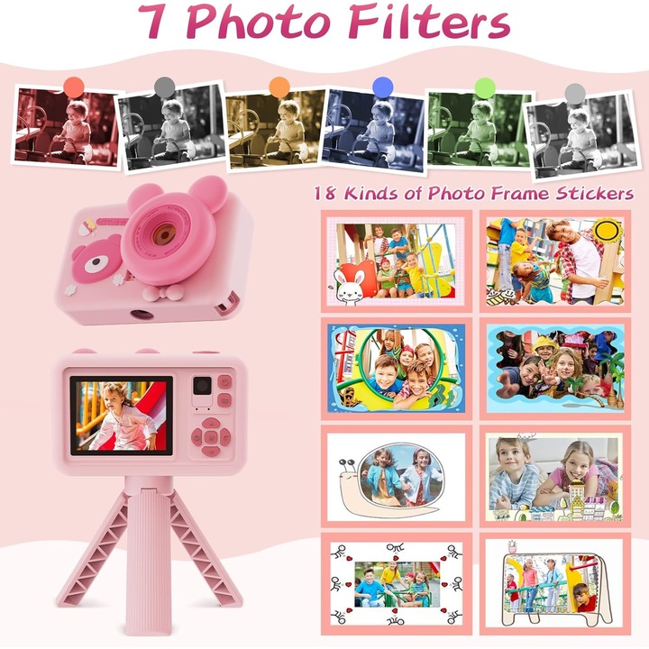 Детска камера, със статив, 32 GB SD карта, 1080P HD, 26 милиона пиксела, 2,0 инча, 400 mAh, Excitat, 3 години+, розова