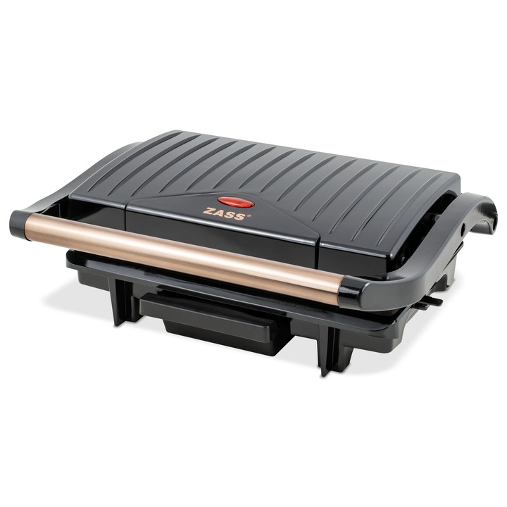 Grill electric Zass Grill &Panini ZPG 20 Rose Gold, Putere 1500W, Placi nedetasbile, Utilizare pentru friptura, peste, legume, sandwich, panini, Negru
