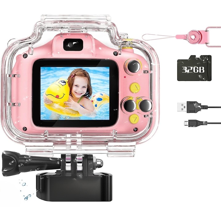 Детска водоустойчива камера 32 GB SD карта 1080P HD 20 милиона пиксела 2,0 инча 600 mAh Развълнуван 3 години + Розов