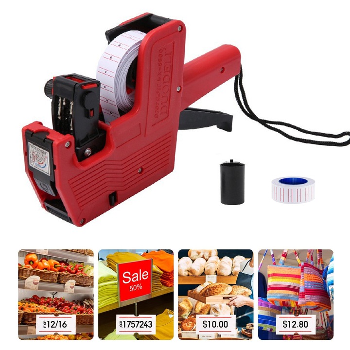 Aparat de etichetat MX 5500, NUODWELL, Cu eticheta autocolanta si cartus, 1 linie, 8 caractere, Utilizarea convenabila, Pentru birouri, magazine cu amanuntul si magazine alimentare, Plastic, 23x13.5x5.5cm, Rosu
