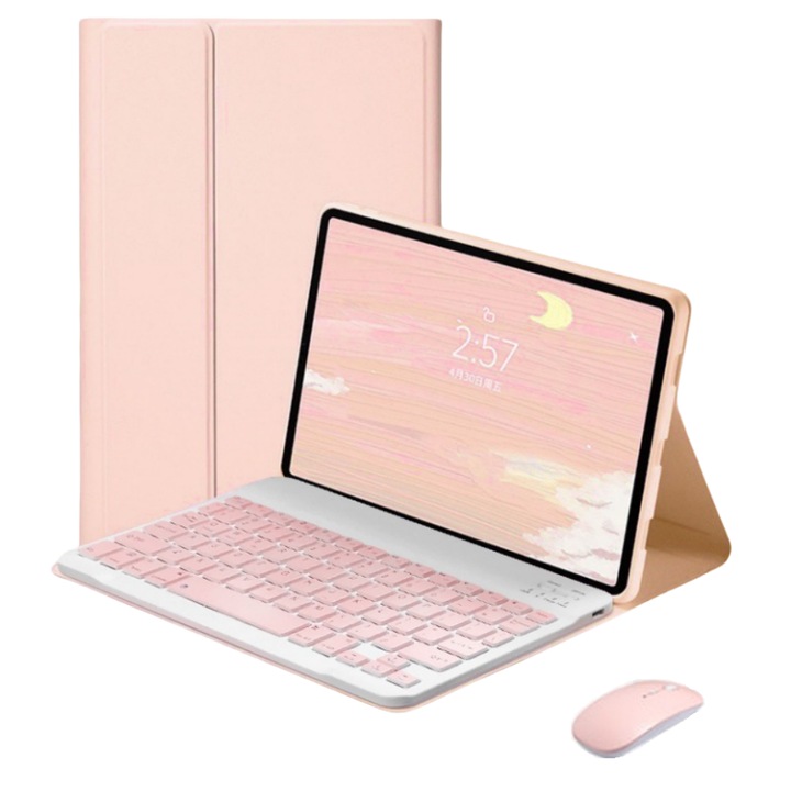 Калъф за клавиатура, съвместим с iPad pro2018/ pro2020/ pro2021/ pro2022/ air4/ air5 / air11 10.9"/ 11", Chigoods, Включва мишка, Безжична връзка, Bluetooth, Розов