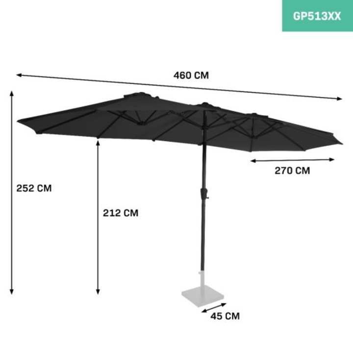 Napernyő, VONROC, GP513XX, Iseo, 460x270cm, felállítás és összecsukás hajtókarral, védelem UV-sugárzás ellen, extra nagy fedőfelület, napernyőhuzattal, antracit fekete