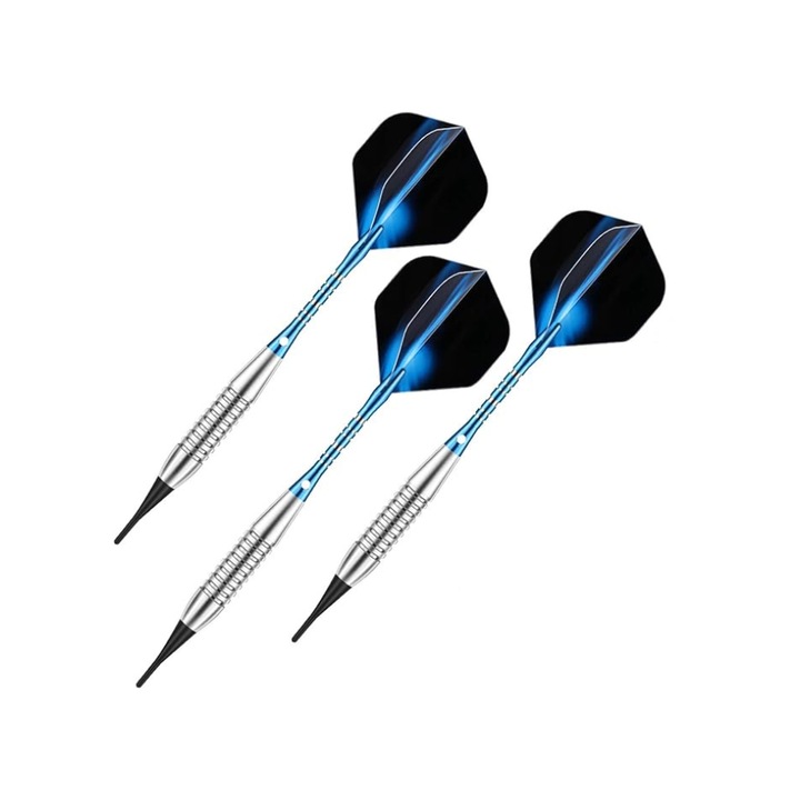 Set de 3 sageti profesionale pentru Darts Soft Tip 18 Grame, Sanfeng, cu varf din plastic, corp din alama si tije din aluminiu, cu 50 inele de cauciuc, 6 Aripi, 50 varfuri, Negru, argintiu si albastru