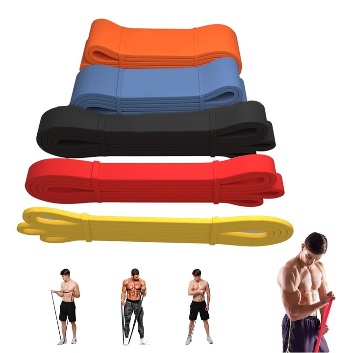 Set 5 Benzi elastice resistance bands, Hggzeg, 5 Intensitati, Anti-alunecare, Pentru Femei si Barbati, Pentru Trepte De Rezistenta, Fitness, Yoga, Performanta, Recuperare, Exercitii Fizice, Antrenament Acasa, Reabilitare, Multicolor