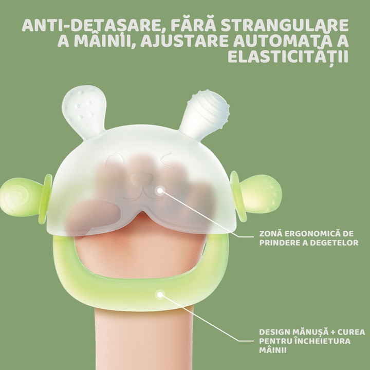 Jucarie dentitie pentru bebelusi, Yulinland®, silicon de calitate alimentara, fara BPA, Usor de prins si de curatat, Ajuta la dezvoltarea coordonarii mana-ochi a bebelusului dvs, 0-12 luni, verde