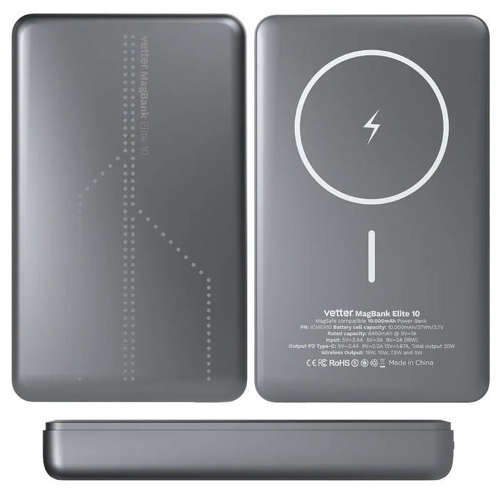 Външна батерия, Power Bank, съвместим с MagSafe, 10 000 mAh, MagBank Elite 10, 20 W, магнитен, идеален за гамата iPhone, сив