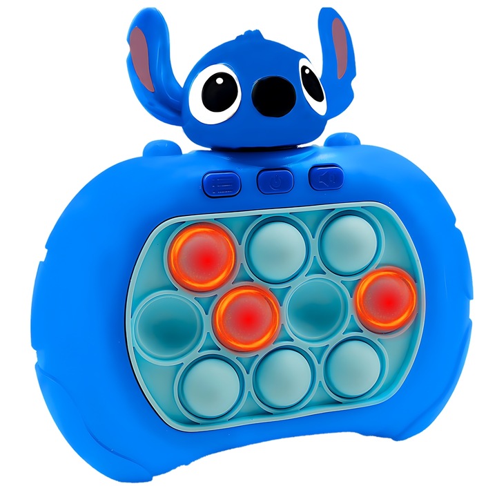 Interaktív játék Pop-It Console GALAXIA kék, stresszoldó, hangokkal és fényekkel, Stitch, képernyő nélkül, pihentető, többjátékos