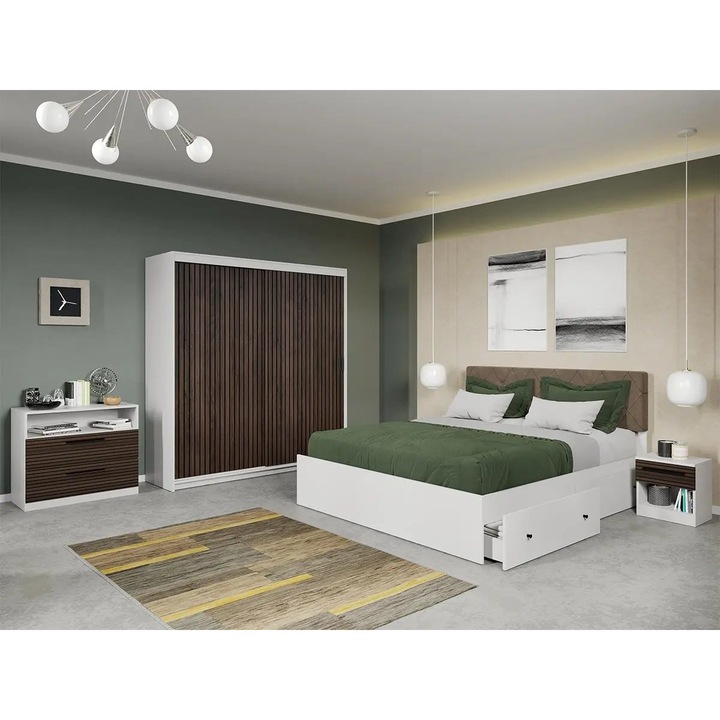 Set dormitor, Line, Stejar Inchis, C1, Pat, Dulap, Comoda, Noptiere