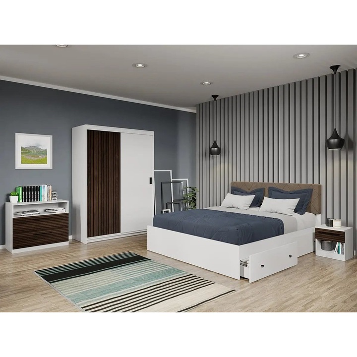 Set dormitor, Line, Stejar Inchis cu Alb, C10, Pat, Dulap, 138cm, Comoda, Noptiere