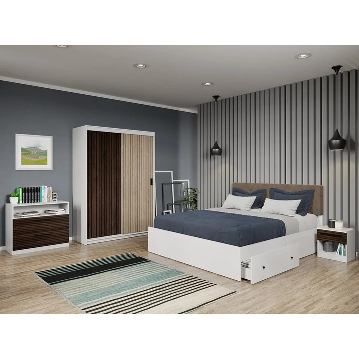 Set dormitor, Line, Stejar Inchis cu Stejar Natur, C12, Pat, Dulap, 138cm, Comoda, Noptiere