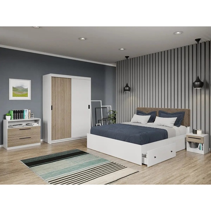 Set dormitor, Line, Stejar Natur cu Alb, C14, Pat, Dulap, 138cm, Comoda, Noptiere