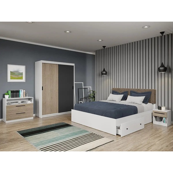 Set dormitor, Line, Stejar Natur cu Gri, C15, Pat, Dulap, 138cm, Comoda, Noptiere