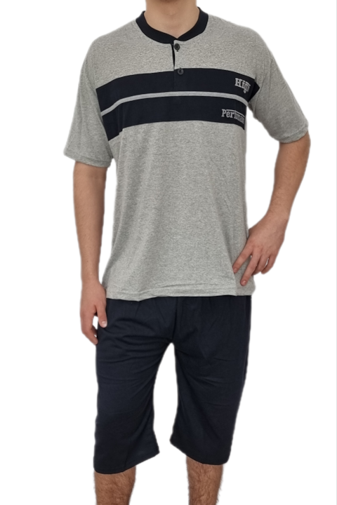 Pijama barbati, cu maneca scurta si pantaloni 3/4, bumbac 100%, gri deschis cu negru