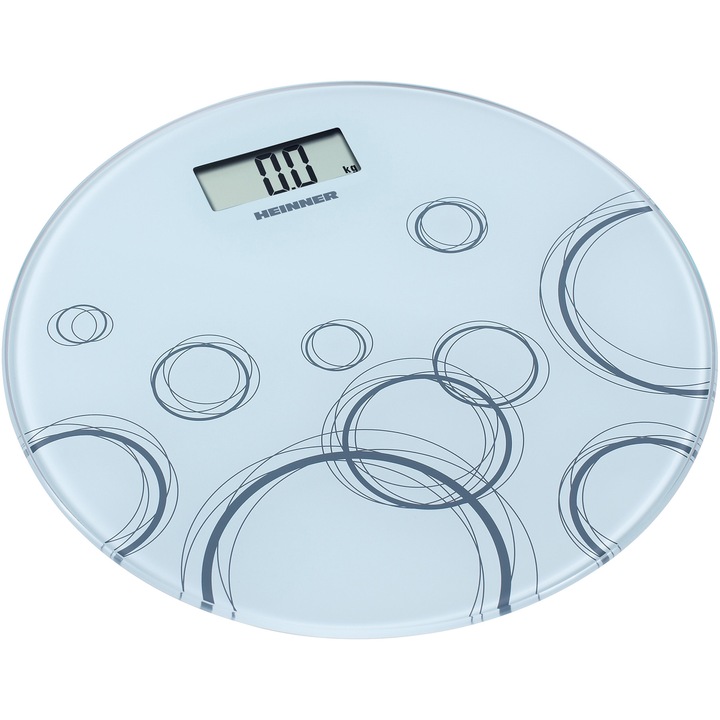 Кантар за баня HeinnerHBS-WH150R, 6 мм стъкло, 150 кг, LCD дисплей, Автоматично включване/изключване, Батерия: 1 x cr2032(включена), Бял