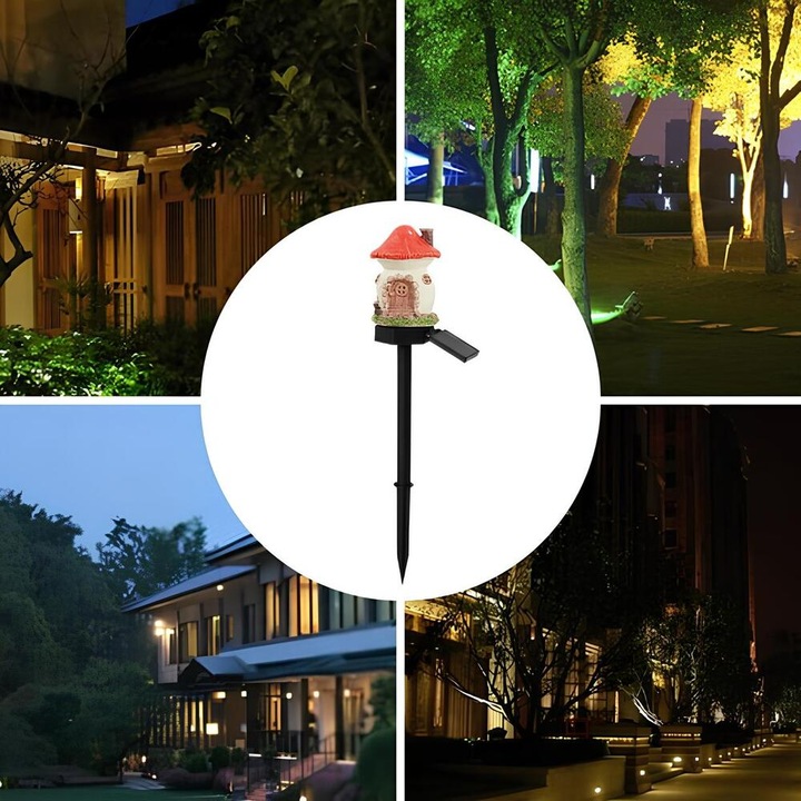 Lampa solara de gradina decoratiune LED, Decoratiune casa de zane pentru gradina, Rasina, Decorative, Marime Mare,43x7x7 cm, Senzor Crepuscular, IP65 impermeabil, acumulator 600 mAH, acoperis rosu