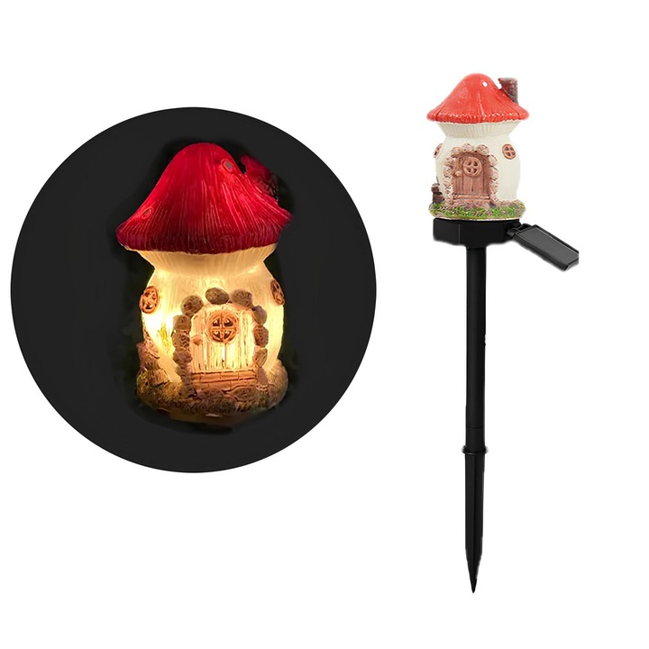 Lampa solara de gradina decoratiune LED, Decoratiune casa de zane pentru gradina, Rasina, Decorative, Marime Mare,43x7x7 cm, Senzor Crepuscular, IP65 impermeabil, acumulator 600 mAH, acoperis rosu