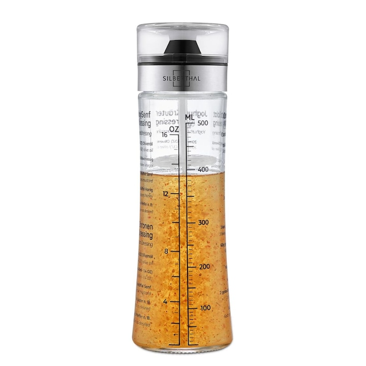 Sticla shaker dressing salata, Silberthal, gradata, cu retete dressing pe sticla, din sticla, 500 ml