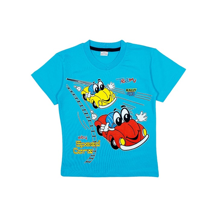 SPEED CARS legénységi nyakú póló gyerekeknek/fiúknak, ERAKIDS, versenyautó mintás, 100% prémium pamut, kék