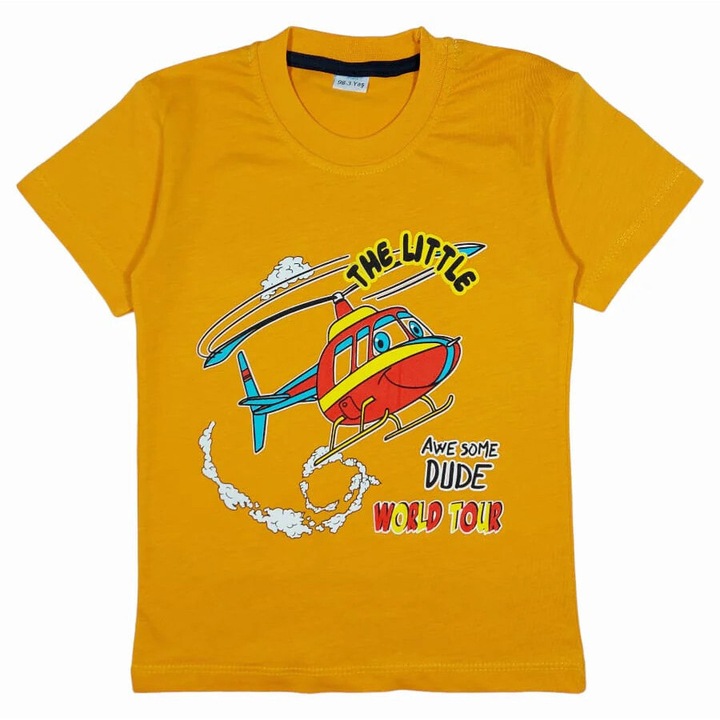 Tricou WORLD TOUR cu decolteu la baza gatului pentru copii/baietei, ERAKIDS, imprimeu "Elicopter", 100% bumbac premium, 5 ani (110 cm), Galben mustar