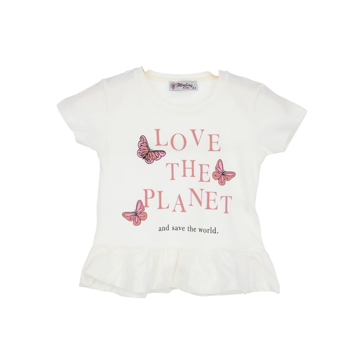 LOVE THE PLANET póló nyakkivágással gyerekeknek/fiúknak, ERAKIDS, fodrokkal, "Butterflies" mintával, 100% prémium pamut, Fehér