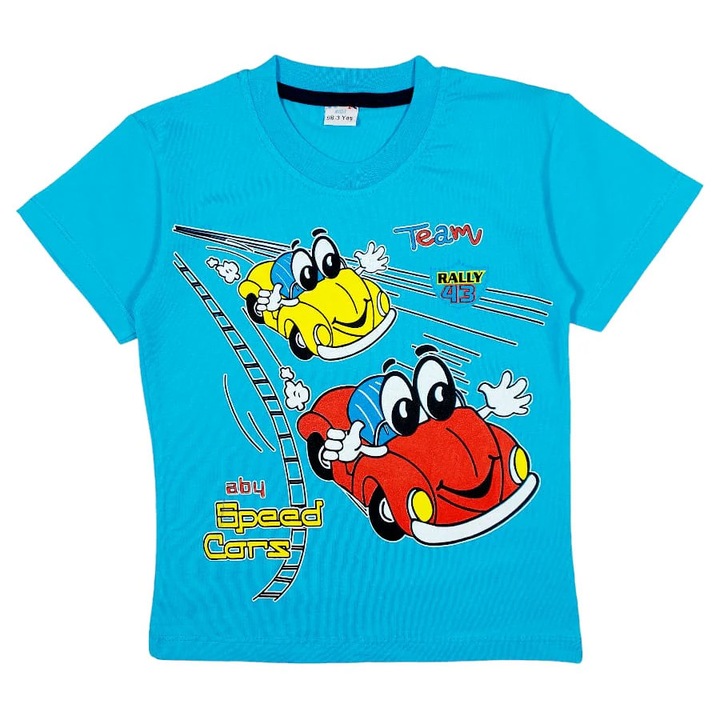 Tricou SPEED CARS cu decolteu la baza gatului pentru copii/baietei, ERAKIDS, imprimeu "Masinuta de curse", 100% bumbac premium, Albastru