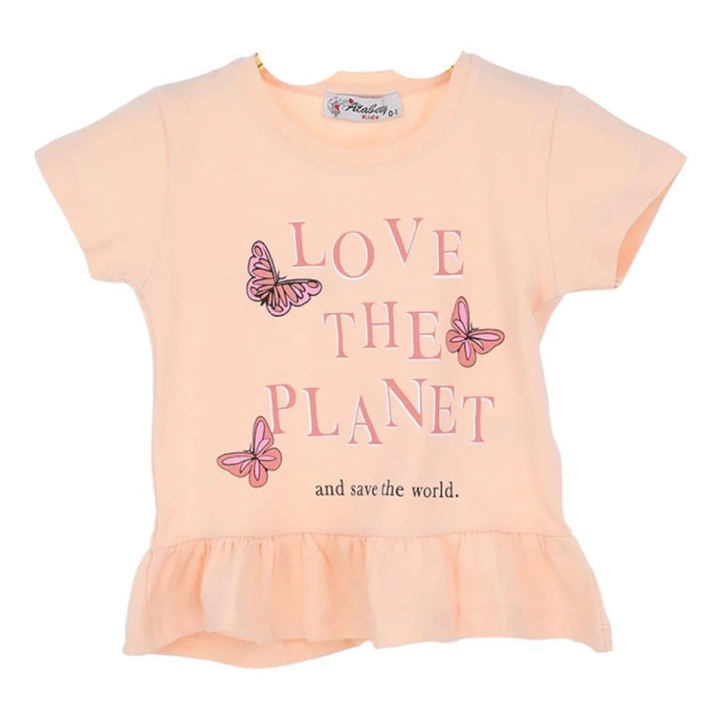 Tricou LOVE THE PLANET cu decolteu la baza gatului pentru copii/baietei, ERAKIDS, volanase, imprimeu "Fluturasi", 100% bumbac premium, Roz somon