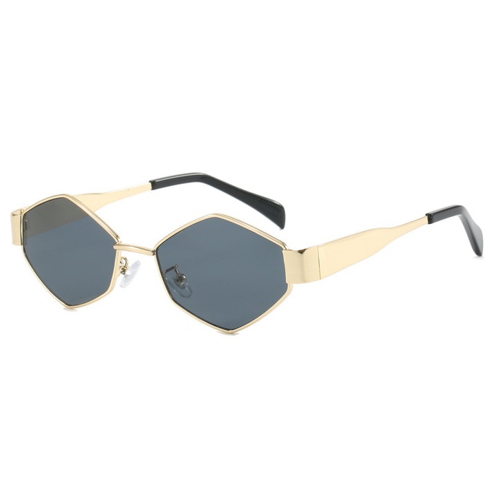 Ochelari de soare dama, model in forma de romb, protectie UV400, rama metalica, Tessero, auriu