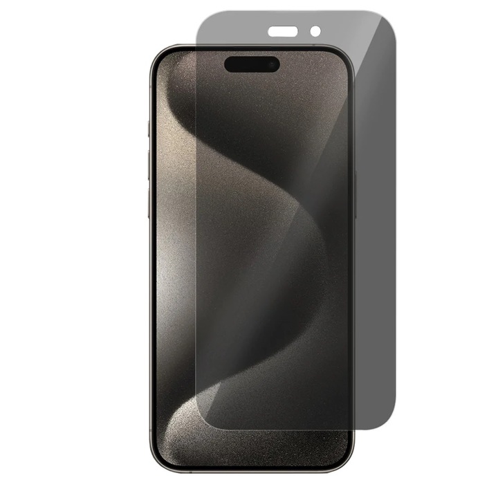 Folie protectie pentru iPhone 15 Pro Max, Celtra Privacy Glass, Filtru anti-spionaj, Sticla ceramica mata, Anti-amprente, Full Cover, Full Screen, Strong Clarity
