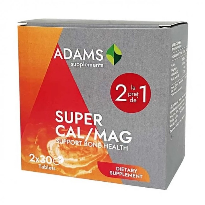 Pachet Super calciu/magneziu, 2 flacoane, 60 tablete, adams