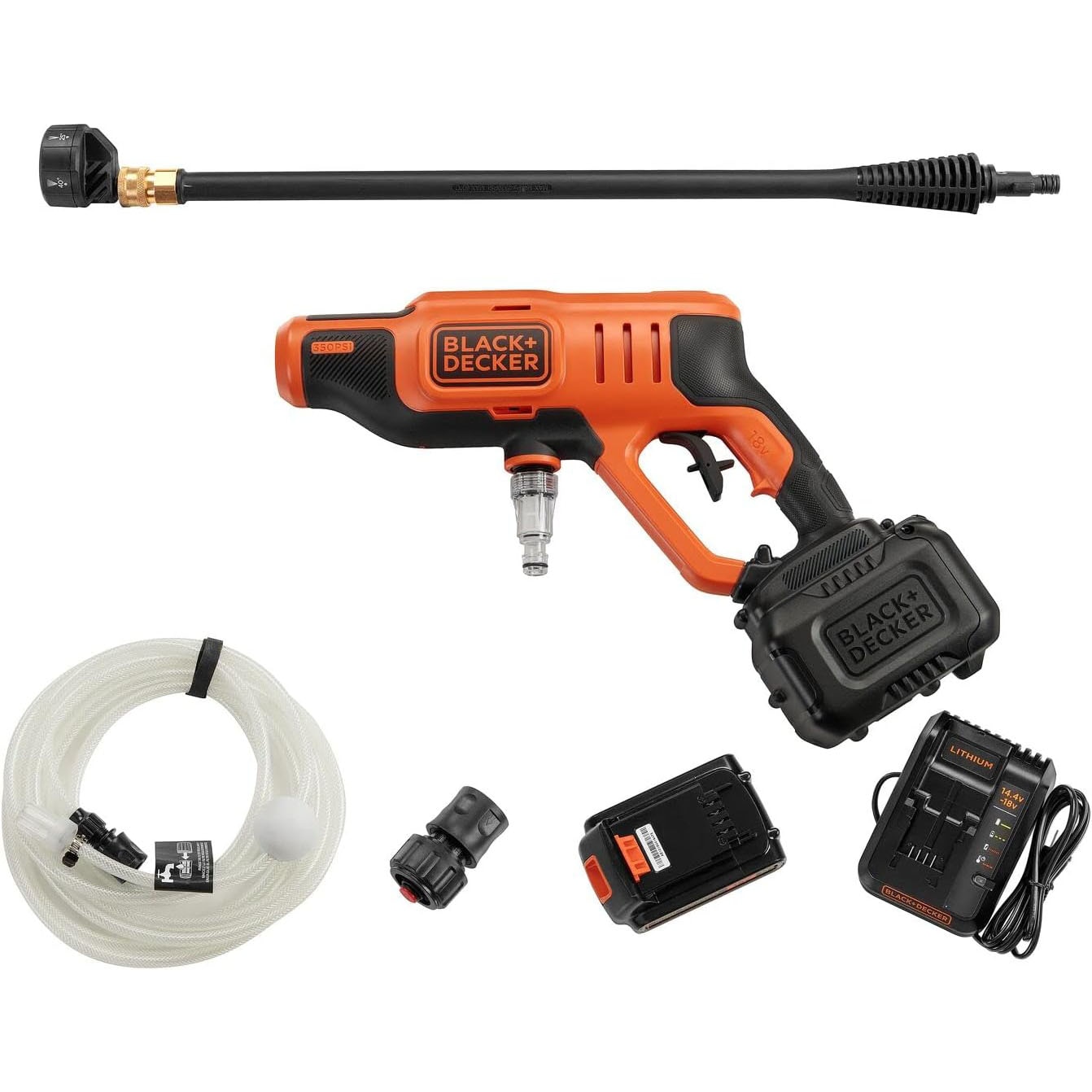 Aparat de spalat cu presiune pe acumulator Black & Decker BCPC18D1-QW, 18V, presiune maxim 24 bar, multi-utilizare, putere a apei ajustabila, lance 57 cm, acumulator protejat, include: incarcator + acumulator 18 V