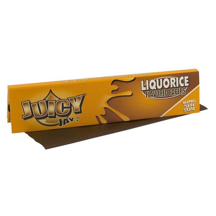 Foite de rulat tigari Juicy Jay's King Size Slim 110mm din Canepa, Liquorice, Aroma lemn dulce, 32 bucati