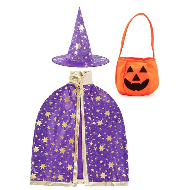 Costum de vrajitoare, Sunshine Smile, cu pelerina, palarie si gentuta in forma de dovleac, Marime universala, pentru Halloween, Auriu, Violet si portocaliu