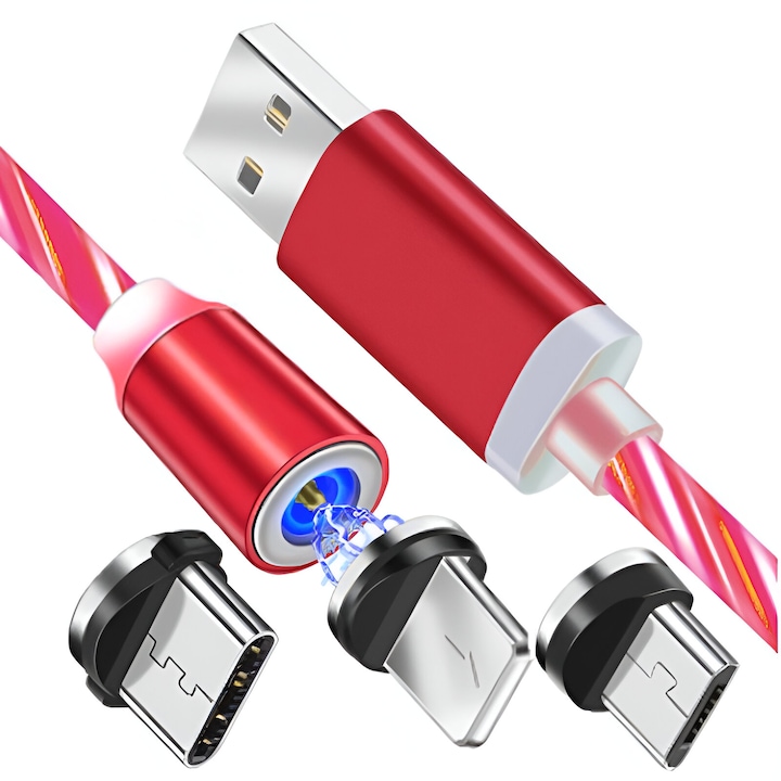 Cablu de incarcare si transfer date 3in1 magnetic, LED Flowing, USB A la USB Type-C/Micro-USB/Lightning, 1m lungime, Rosu