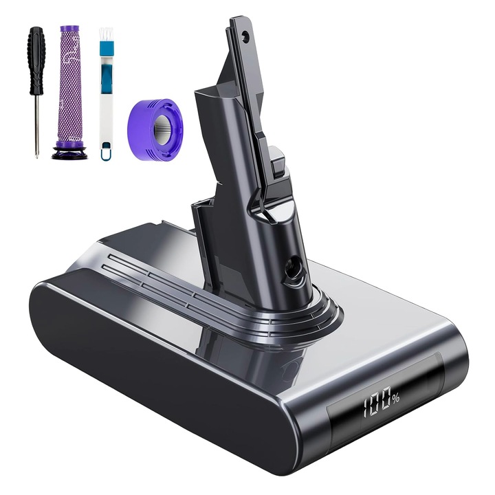 Acumulator 6000mAh pentru Dyson V7 SV11 cu display, baterie compatibila cu Dyson V7 Animal, V7 Motorhead, V7 Allergy, V7 Fluffy, V7 Matress, V7 Trigger, V7 Cord-free, cu filtru inclus